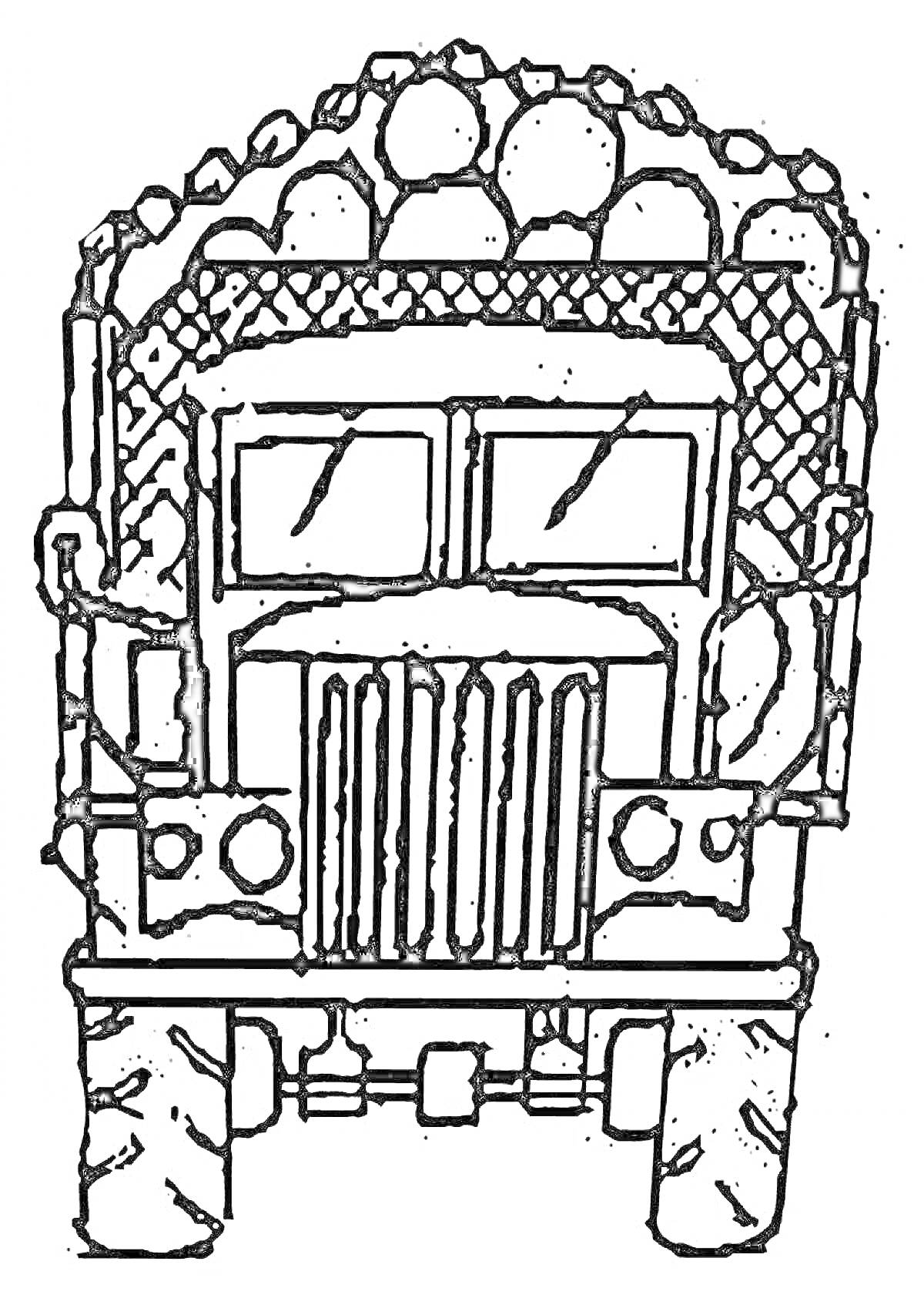 Раскраска Лесовоз с бревнами, передняя часть грузовика, лобовое стекло, колеса, фары, защитная сетка для груза