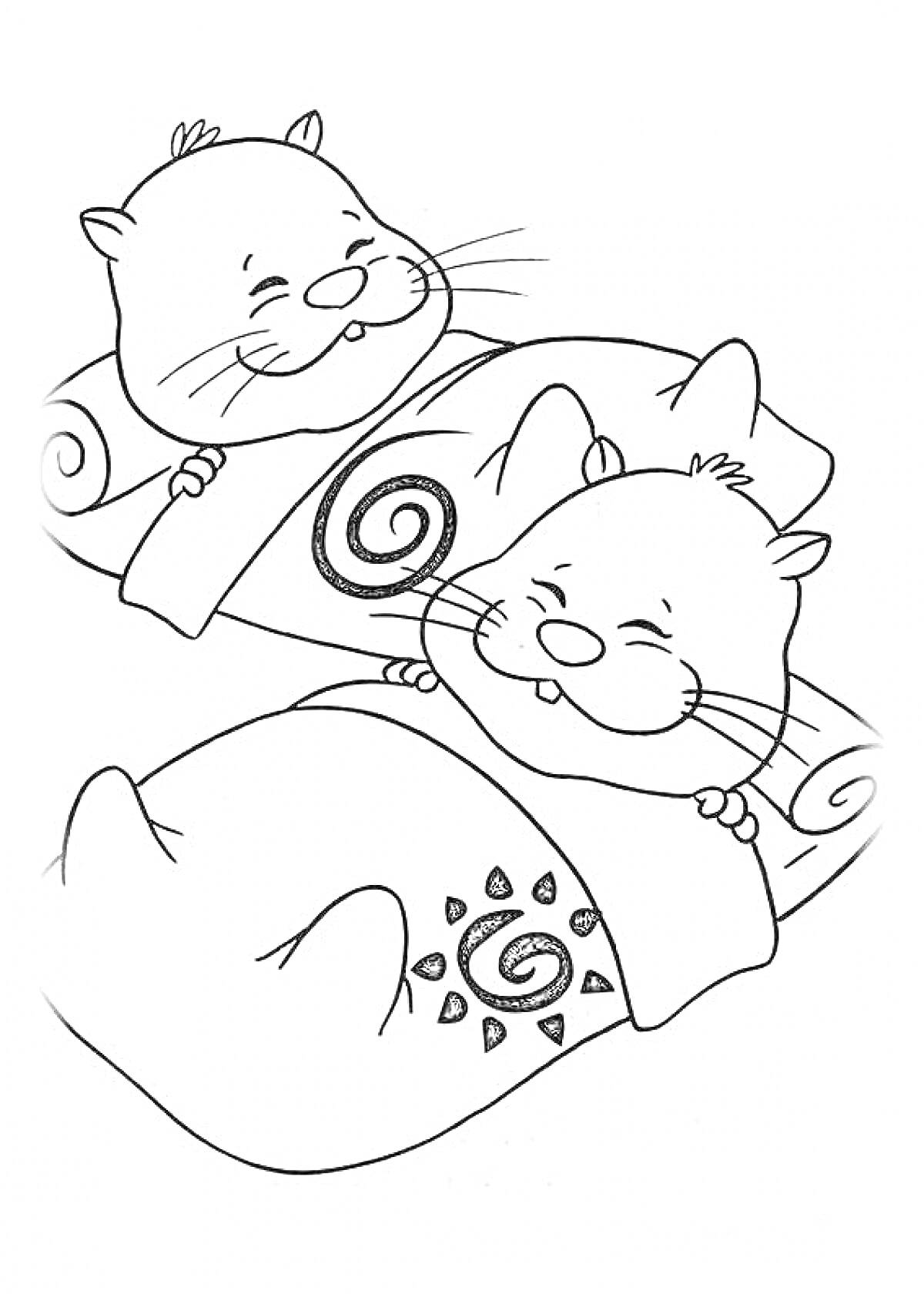 Раскраска Два хомяка, улыбающиеся и укрытые одеялами со спиральными и цветочными узорами