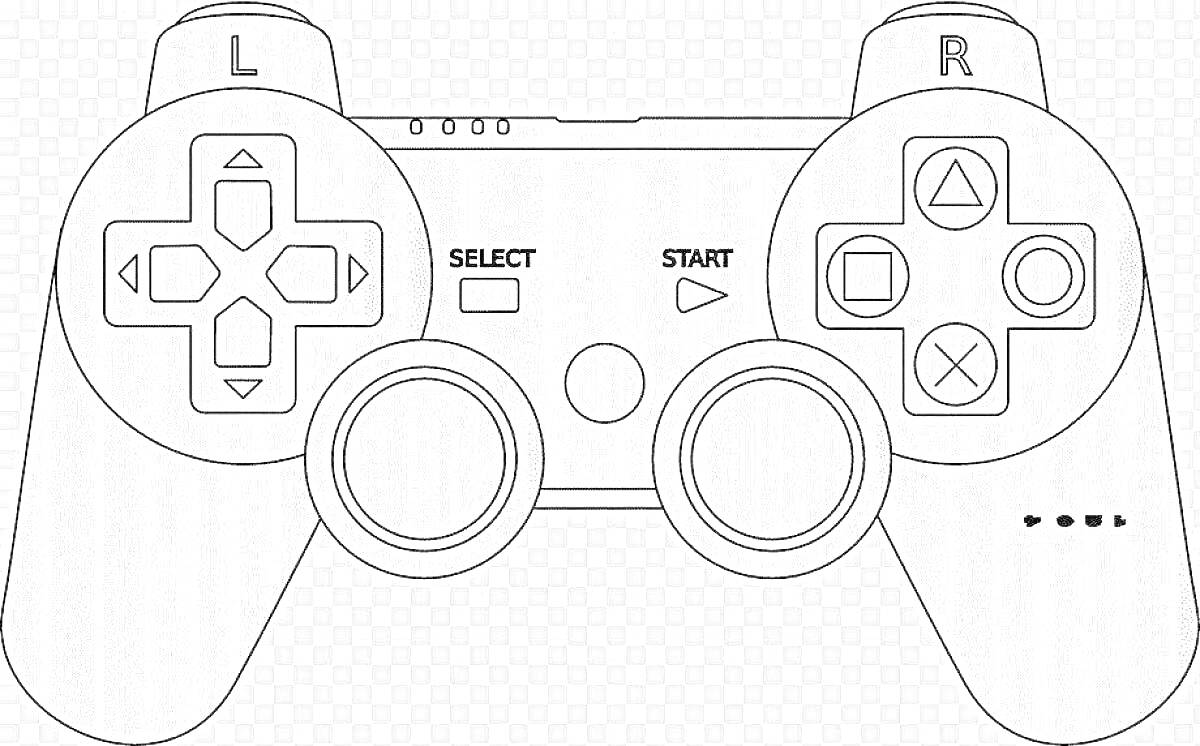 Геймпад с кнопками управления SELECT, START, L, R, D-pad, аналоговые стики, и кнопки треугольник, круг, крест, квадрат