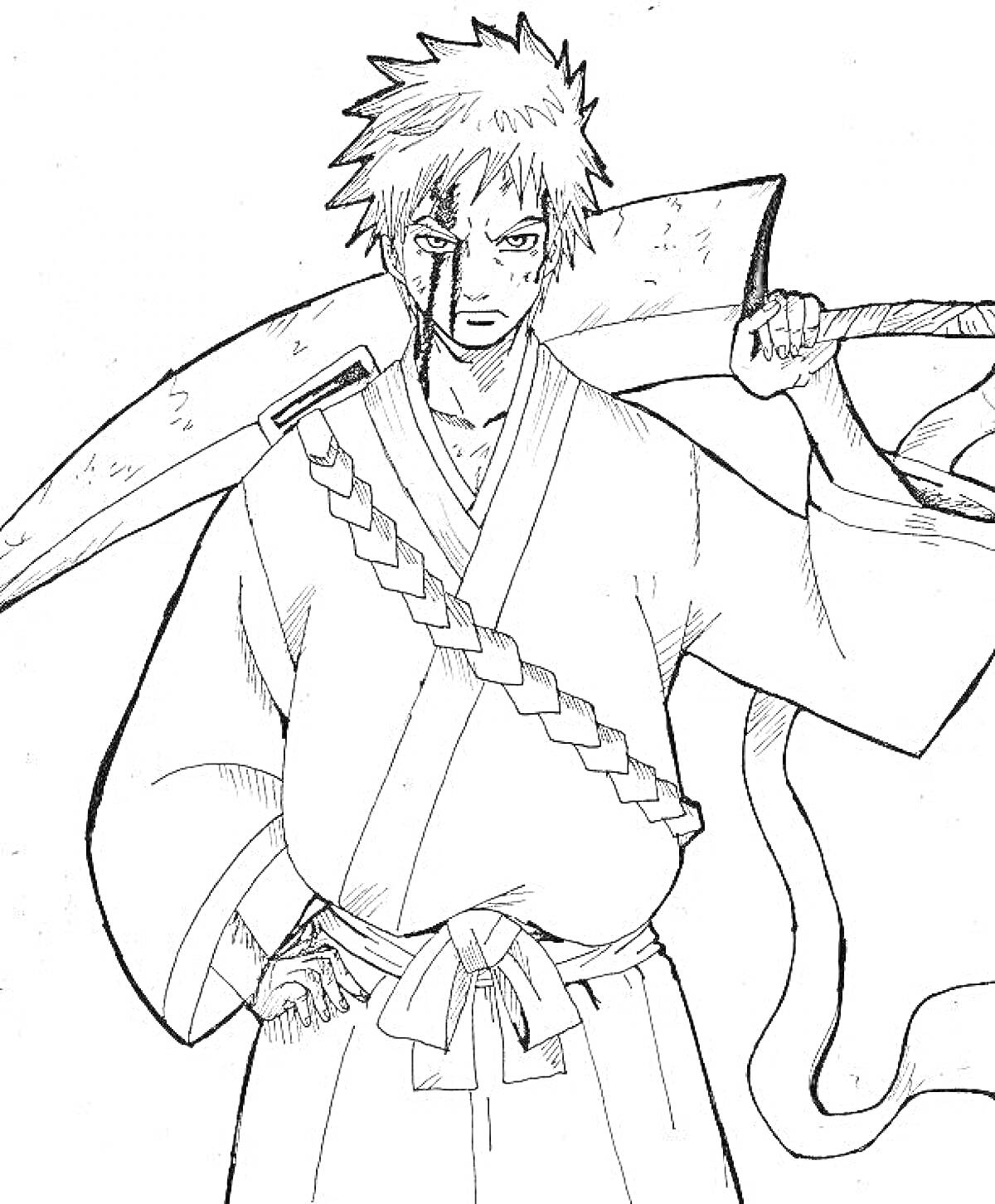Раскраска Мужчина с короткими волосами, рваной повязкой на лице и большим мечом на плече в кимоно