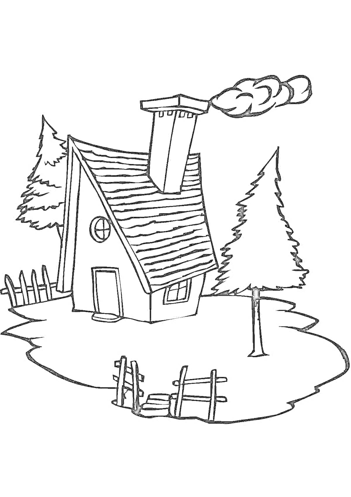 Раскраска Дом с трубой в лесу с деревьями, забором и калиткой