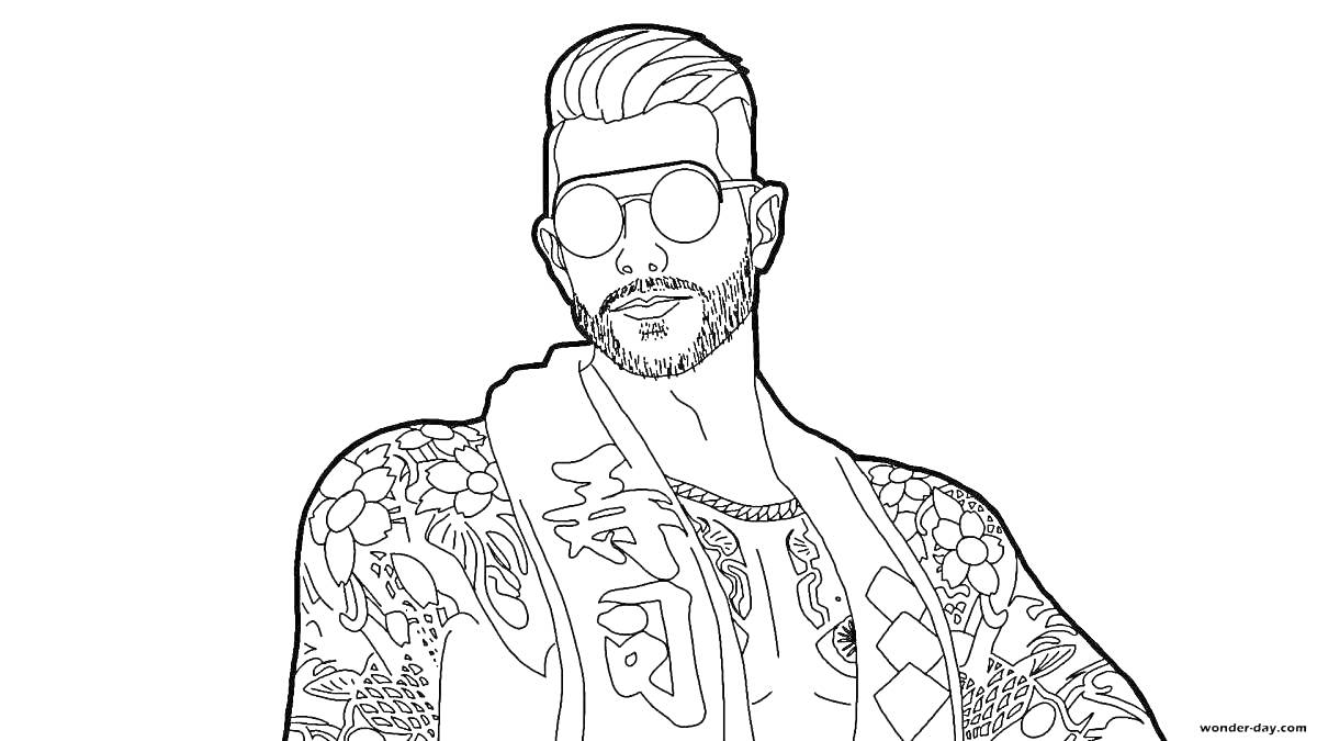 Раскраска Персонаж с татуировками в очках из игры Free Fire