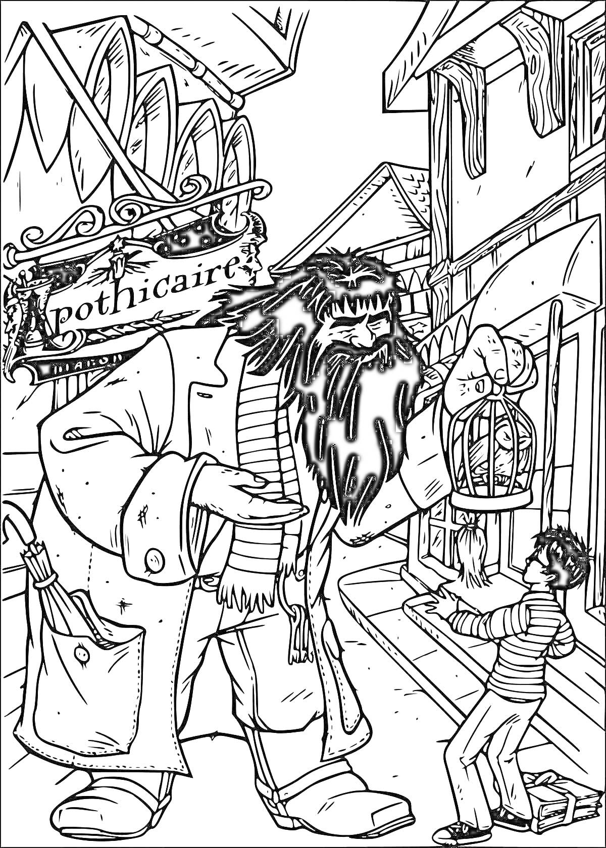 Раскраска Хагрид и Гарри в Косом переулке, Хагрид держит клетку с совой
