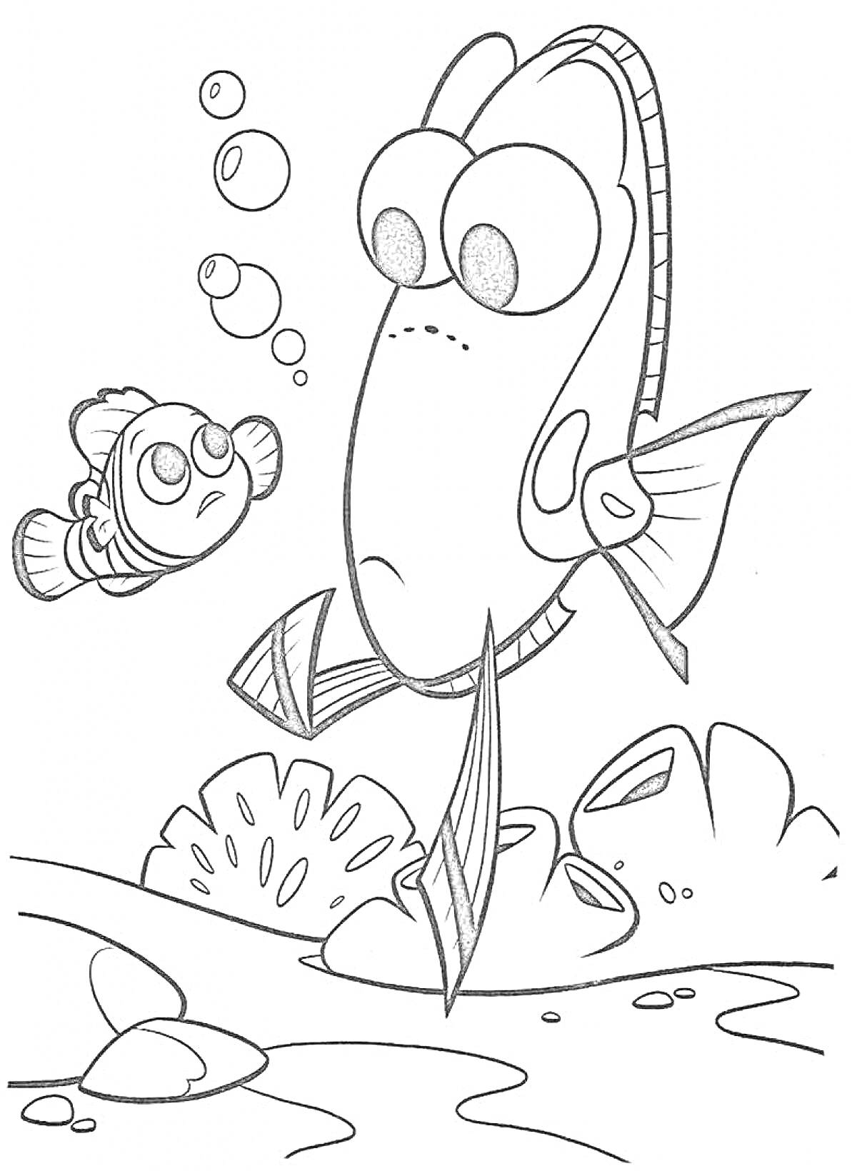 Раскраска Две рыбы, пузыри, кораллы и камни