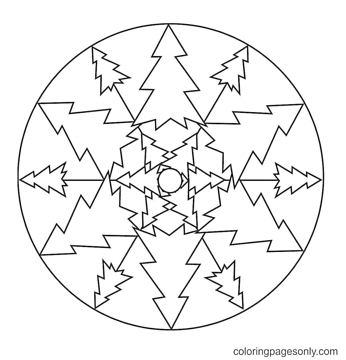 На раскраске изображено: Мандала, Зима, Ёлки, Снежинки, Новый год, Праздники