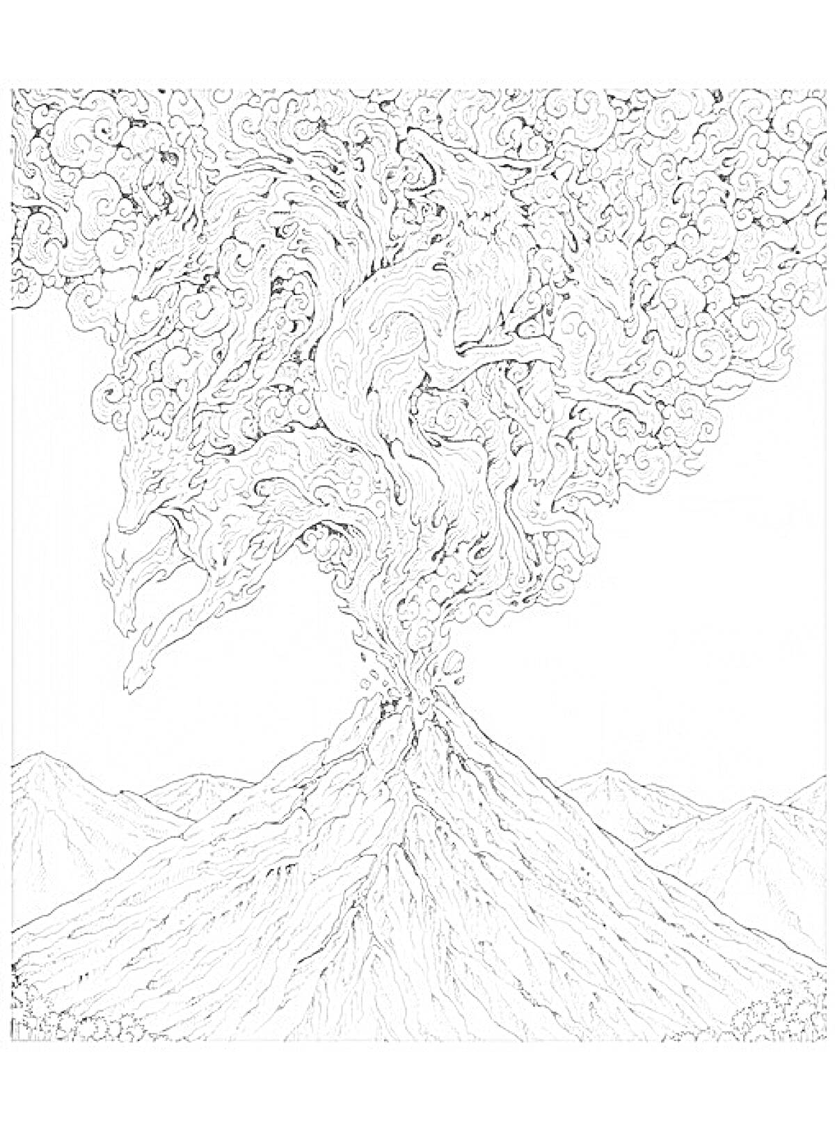 На раскраске изображено: Вулкан, Извержение, Дым, Облака, Горы, Природа, Животные