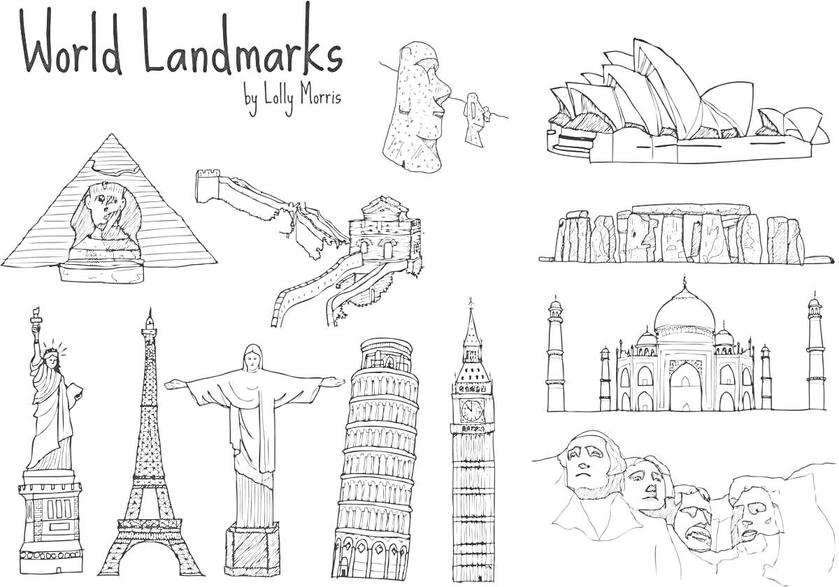 На раскраске изображено: Сфинкс, Пизанская башня, Эйфелева башня, Тадж-Махал, Статуя Свободы