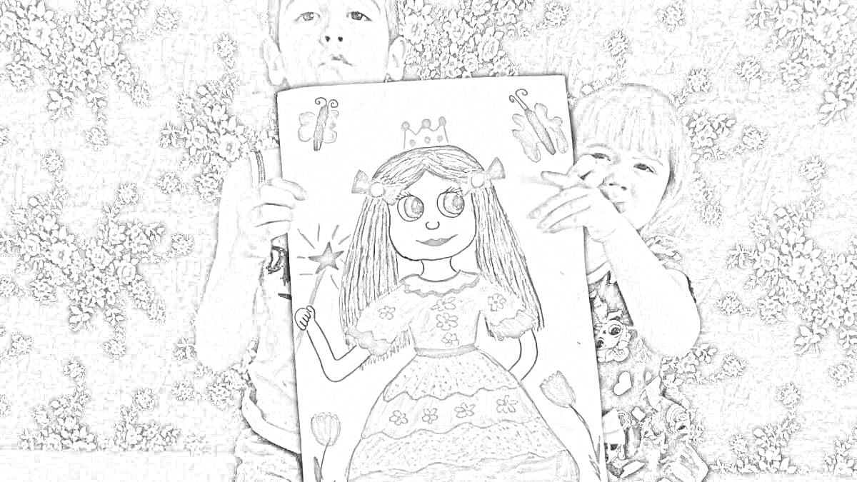 На раскраске изображено: Девочка, Корона, Цветы, Творчество, Карандаши, Бумага, Для детей, Бабочка