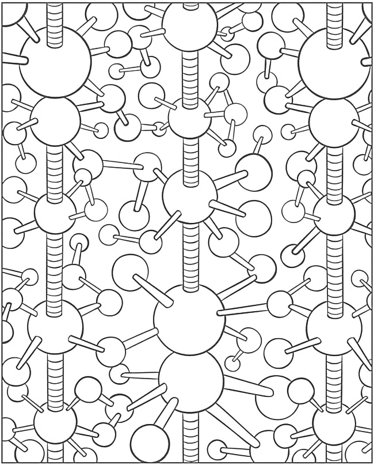 Раскраска Молекулярные узоры с большими и маленькими кругами, соединенными линиями