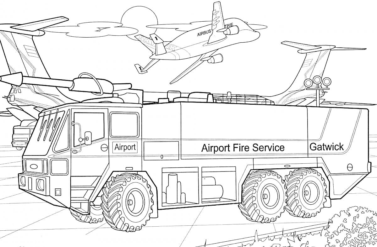 Раскраска Аэропортная пожарная служба возле самолетов
