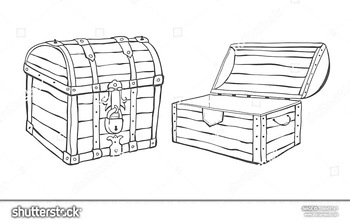 На раскраске изображено: Открытый сундук, Деревянный сундук, Замок, Иллюстрация, Пиратский сундук