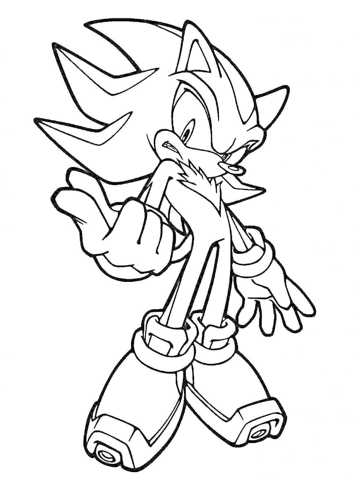 Раскраска Раскраска персонажа Shadow the Hedgehog стоящего в позе со сжатым кулаком и поднятой рукой
