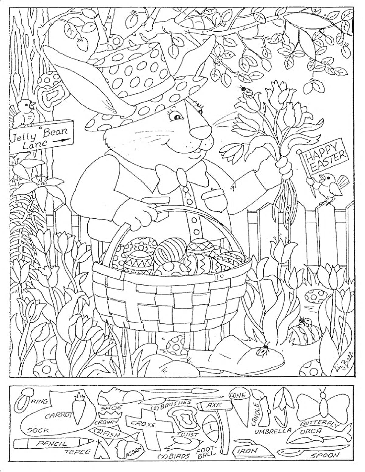 Раскраска Пасхальный кролик с корзиной в поисках предметов со списком поиска