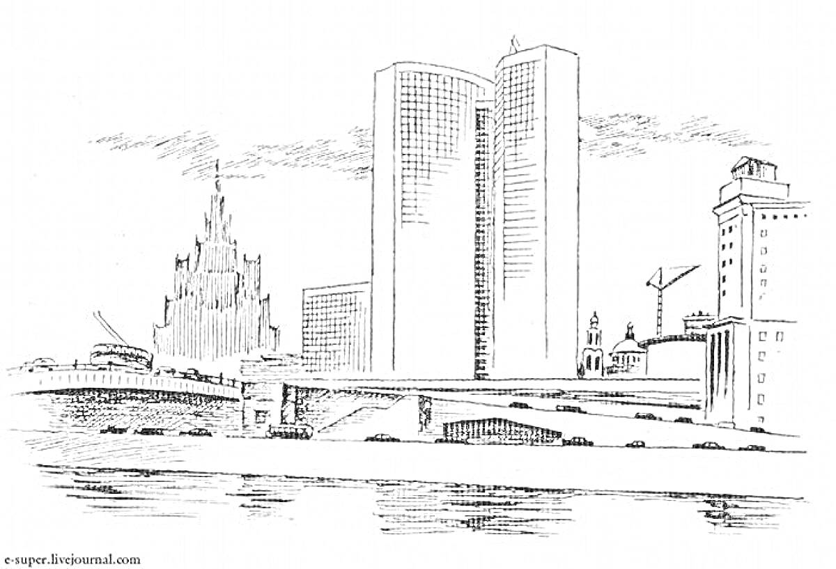 На раскраске изображено: Москва-Сити, Небоскребы, Мост, Кран, Городской пейзаж, Архитектура, Река, Центр города, Здания, Россия