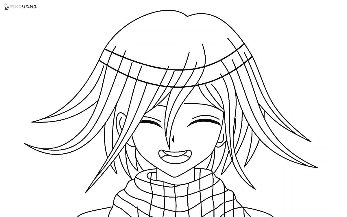 Раскраска Раскраска с улыбающимся персонажем, длинные волосы, клетчатый шарф