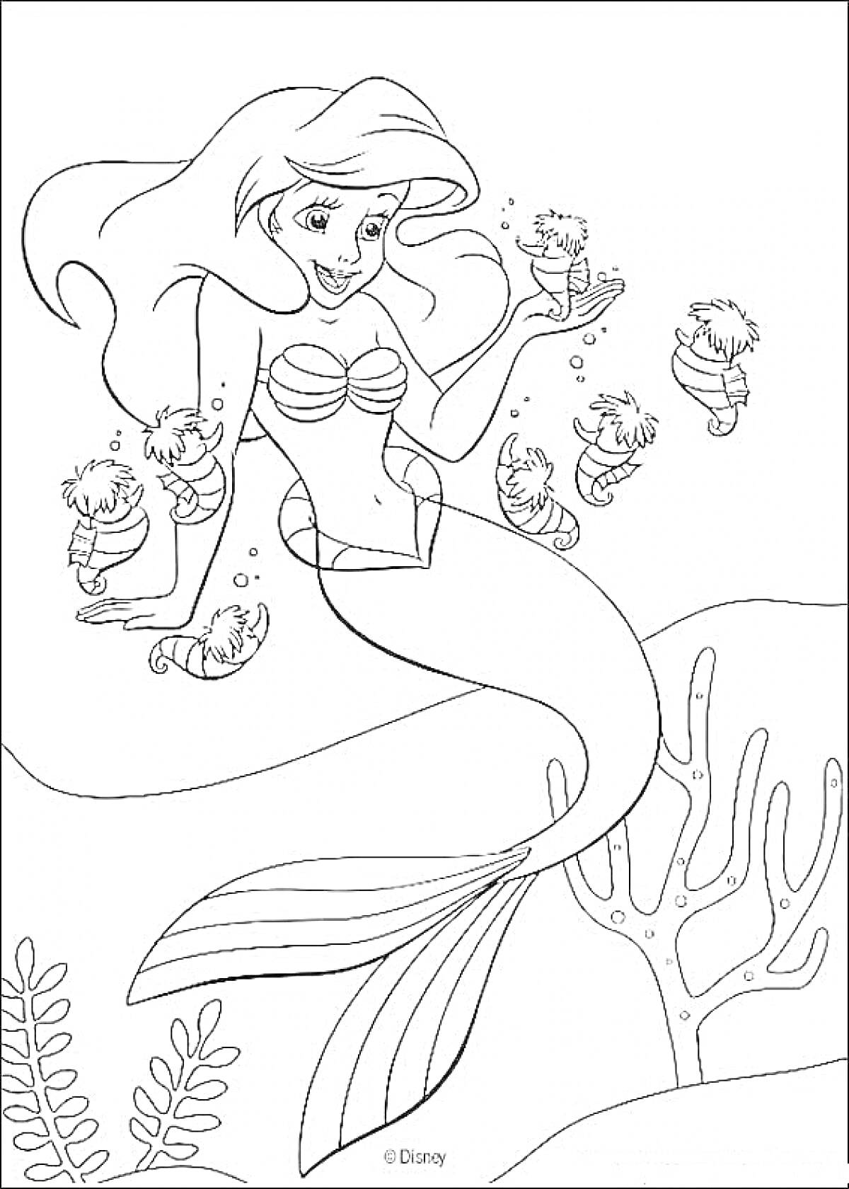 На раскраске изображено: Ариэль, Подводный мир, Кораллы, Растения, Из мультфильмов, Русалка