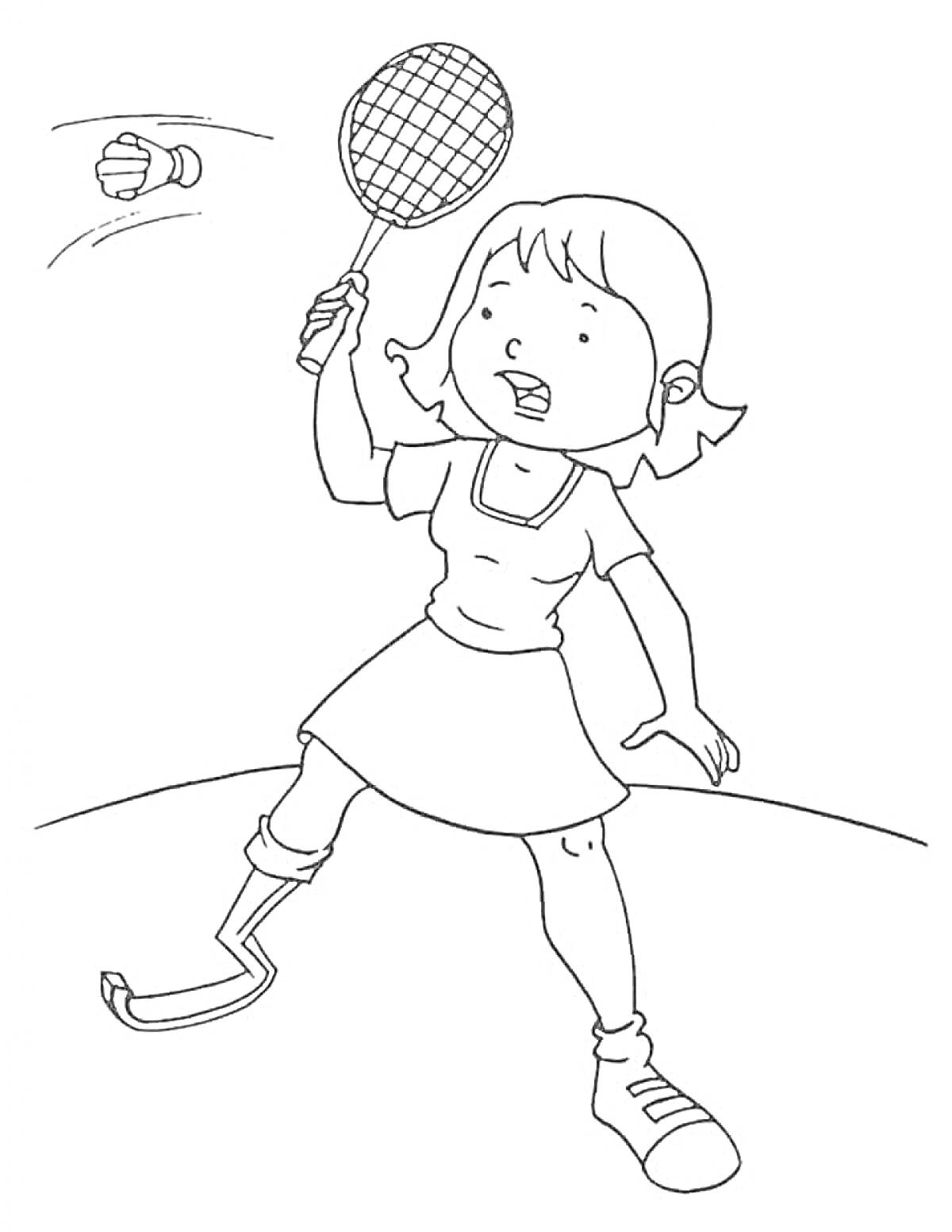 Раскраска Девочка с ракеткой и мячом играет в бадминтон