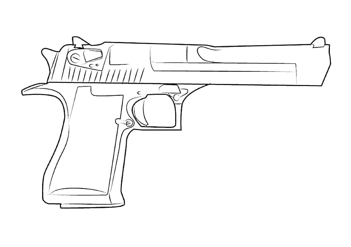 Раскраска с изображением пистолета с деталями спускового крючка, курка и рукоятки