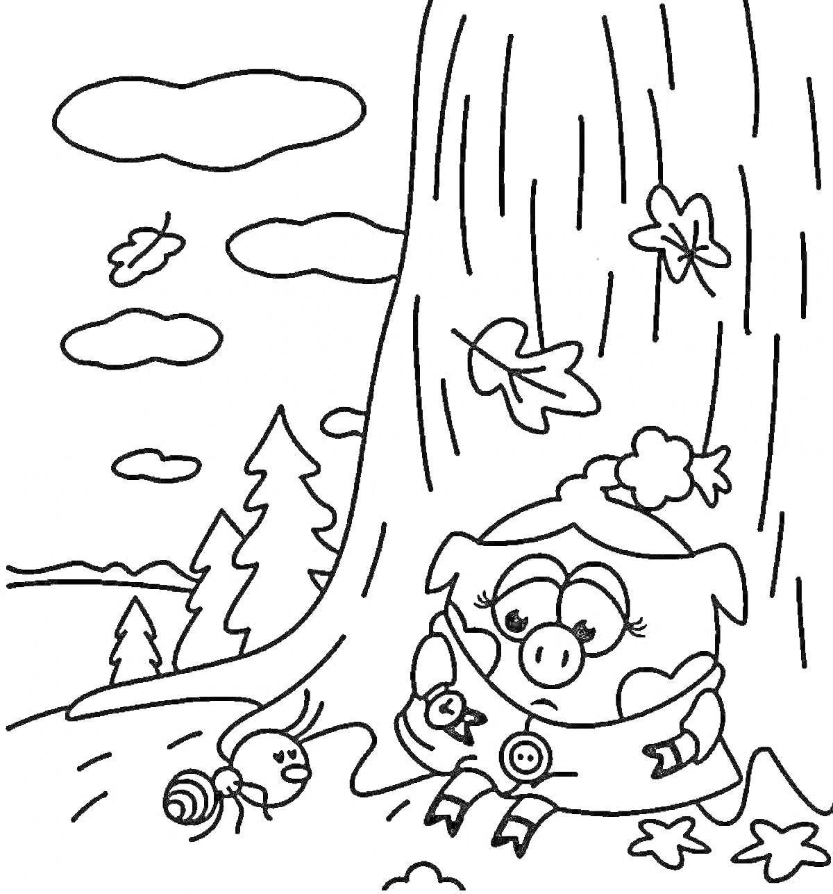 На раскраске изображено: Смешарики, Нюша, Листья, Облака, Природа, Лес