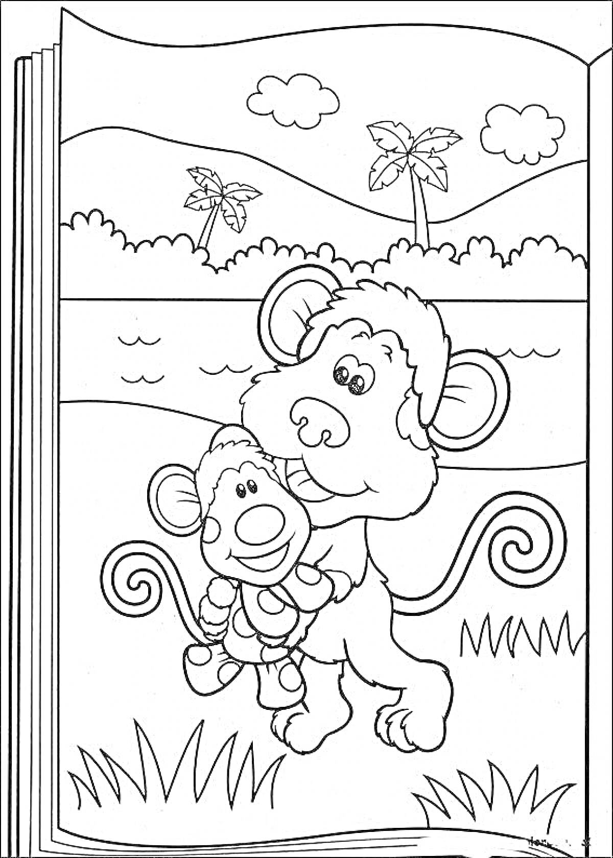 Раскраска Обезьянка с другом-обезьянкой на природе