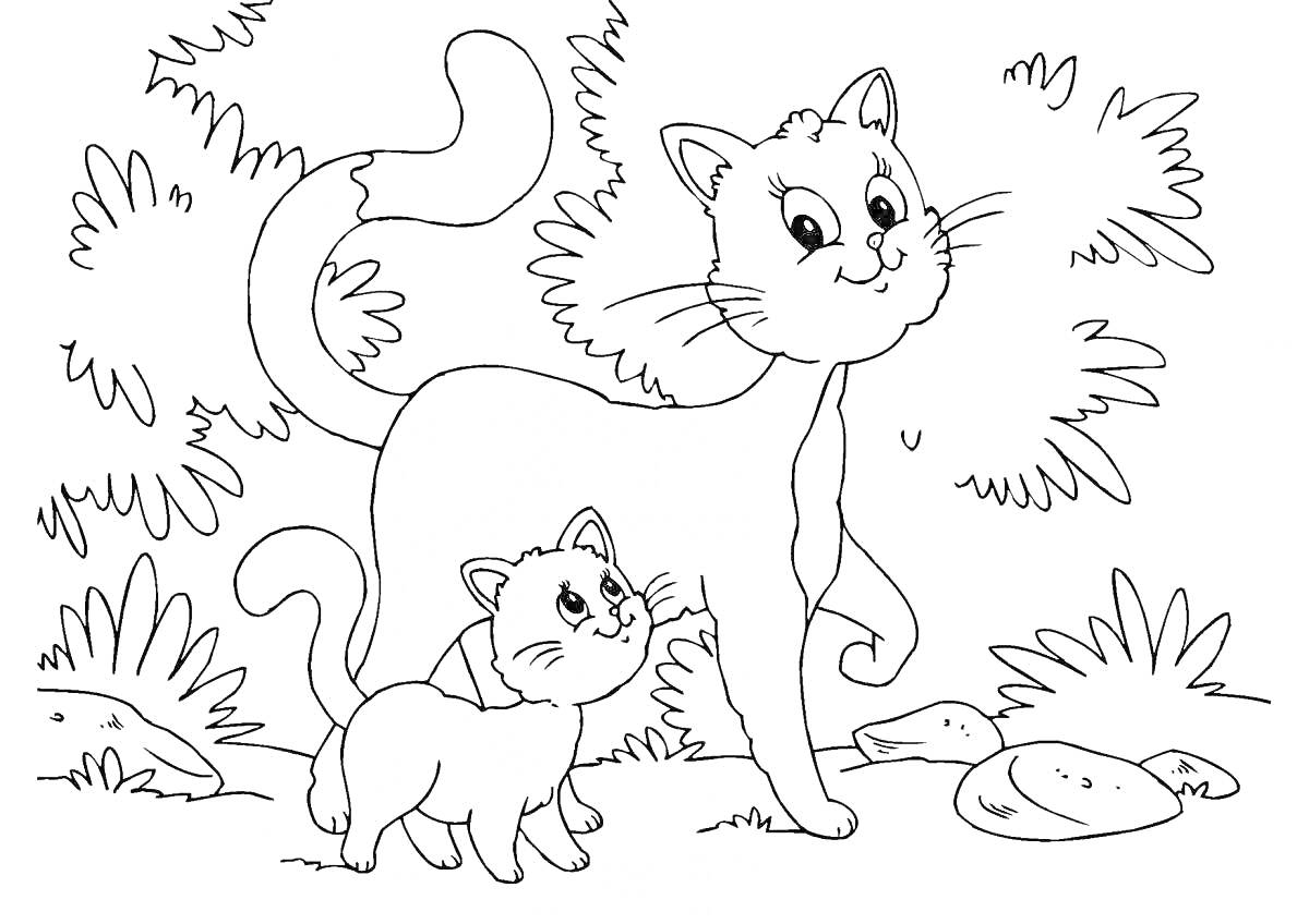 Раскраска Кошка и котенок в кустах