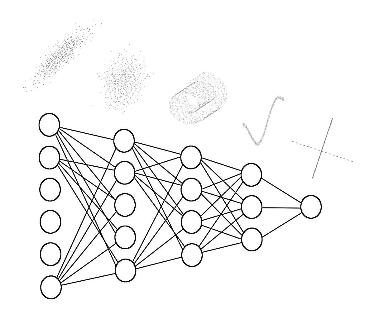 Схема нейронной сети с контуром отпечатка пальца, двумя облаками точек, S-образной линией и крестом