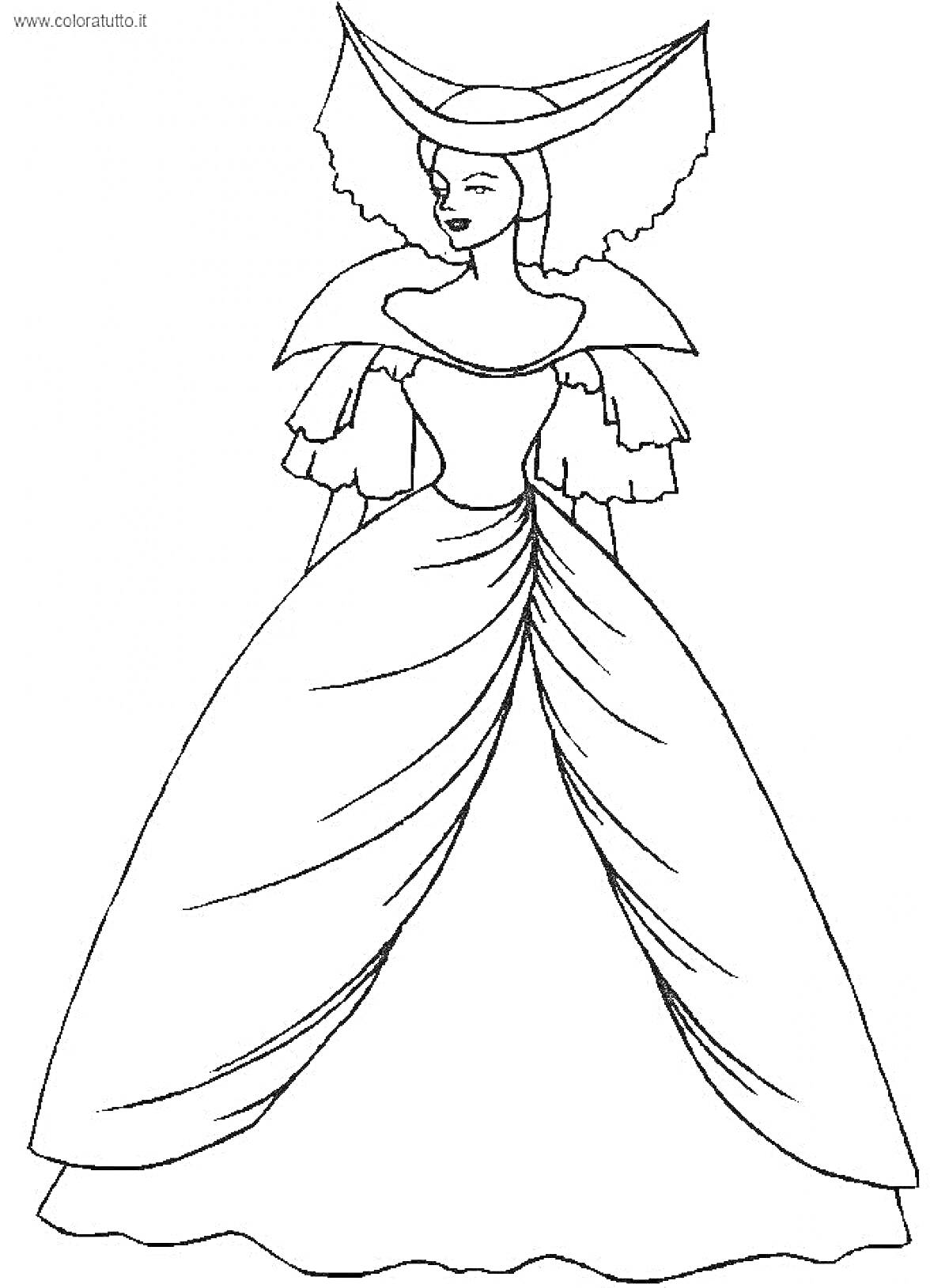 На раскраске изображено: Дама, Исторический костюм, Платье, Бальное платье, Мода