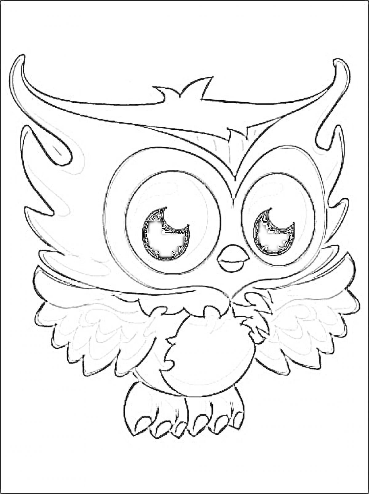 Раскраска Раскраска с изображением совенка с большими глазами и декоративными перьями