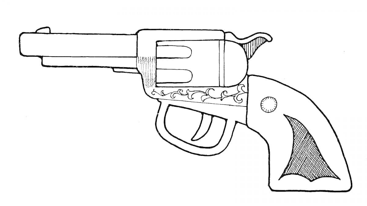 На раскраске изображено: Револьвер, Оружие, Пистолет, Узоры, Рукоятка