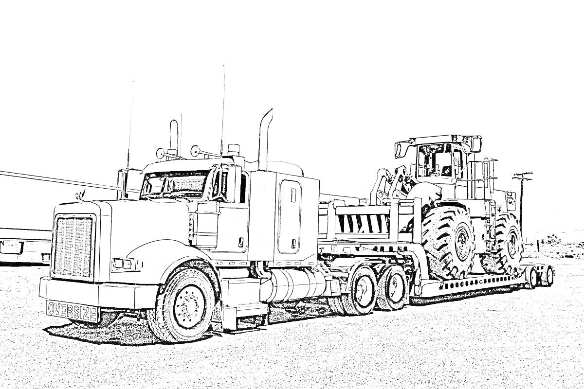 На раскраске изображено: Автовоз, Трактор, Транспорт, Прицеп, Колёса