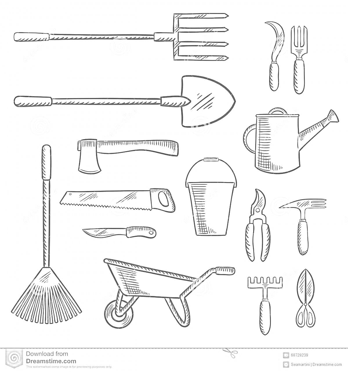 Раскраска Грабли, лопата, садовый совок, садовые вилы, топор, ножовка, ведро, секатор, грабли веерные, тележка, поливочная лейка, клещи, паяльная лампа, молоток, нож для птиц.