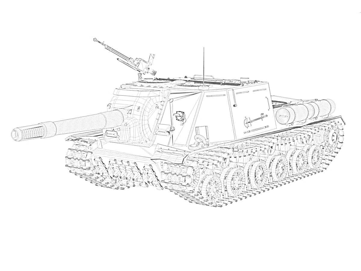 Раскраска Раскраска СУ-152 с длинным орудием, гусеницами и дополнительным вооружением наверху