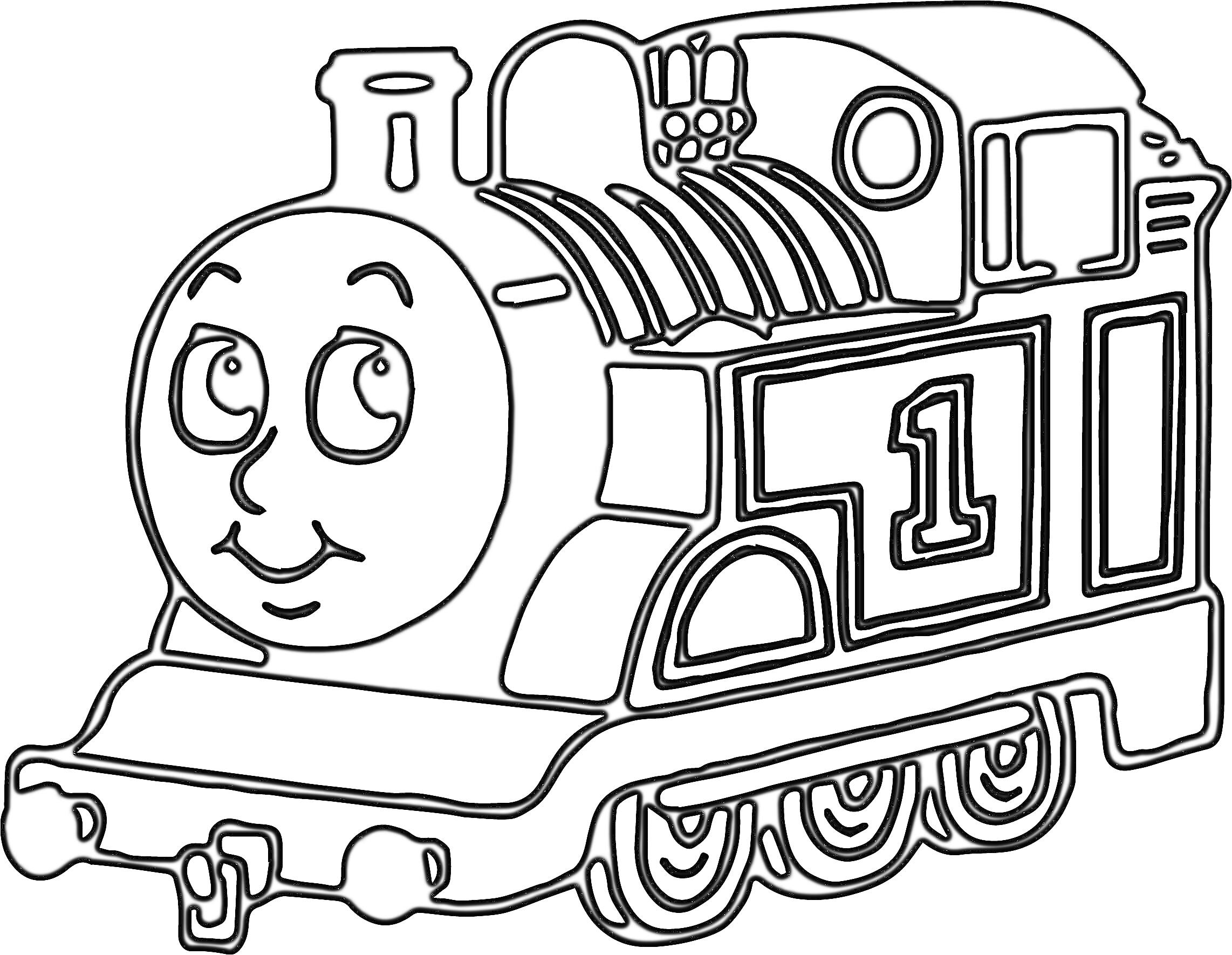 Раскраска Паровозик Томас с номером 1, улыбается, с пятью колесами