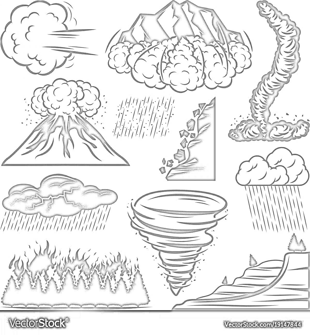 На раскраске изображено: Буря, Гроза, Ураган, Торнадо, Вулкан, Извержение, Горы, Град, Лесной пожар, Погода