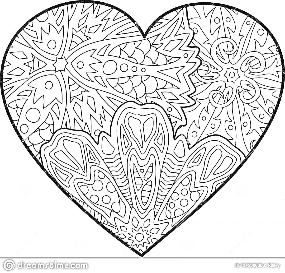 Раскраска Сердечко с узорами для раскрашивания по номерам, абстрактные элементы, цветочные и геометрические мотивы