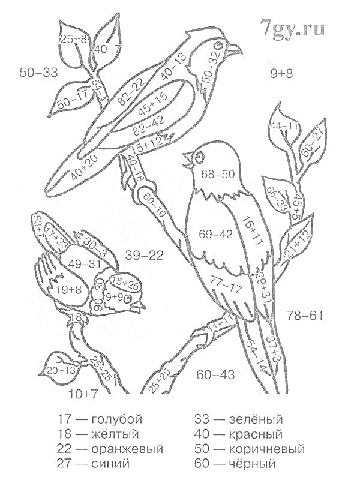 Раскраска Птицы на ветке с цветами — раскраска с математическими примерами