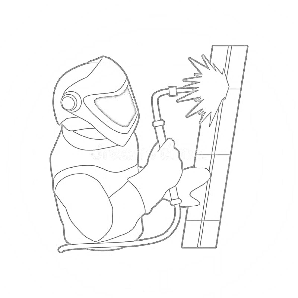 Раскраска Сварщик в защитной маске и одежде, выполняющий сварку металлического листа