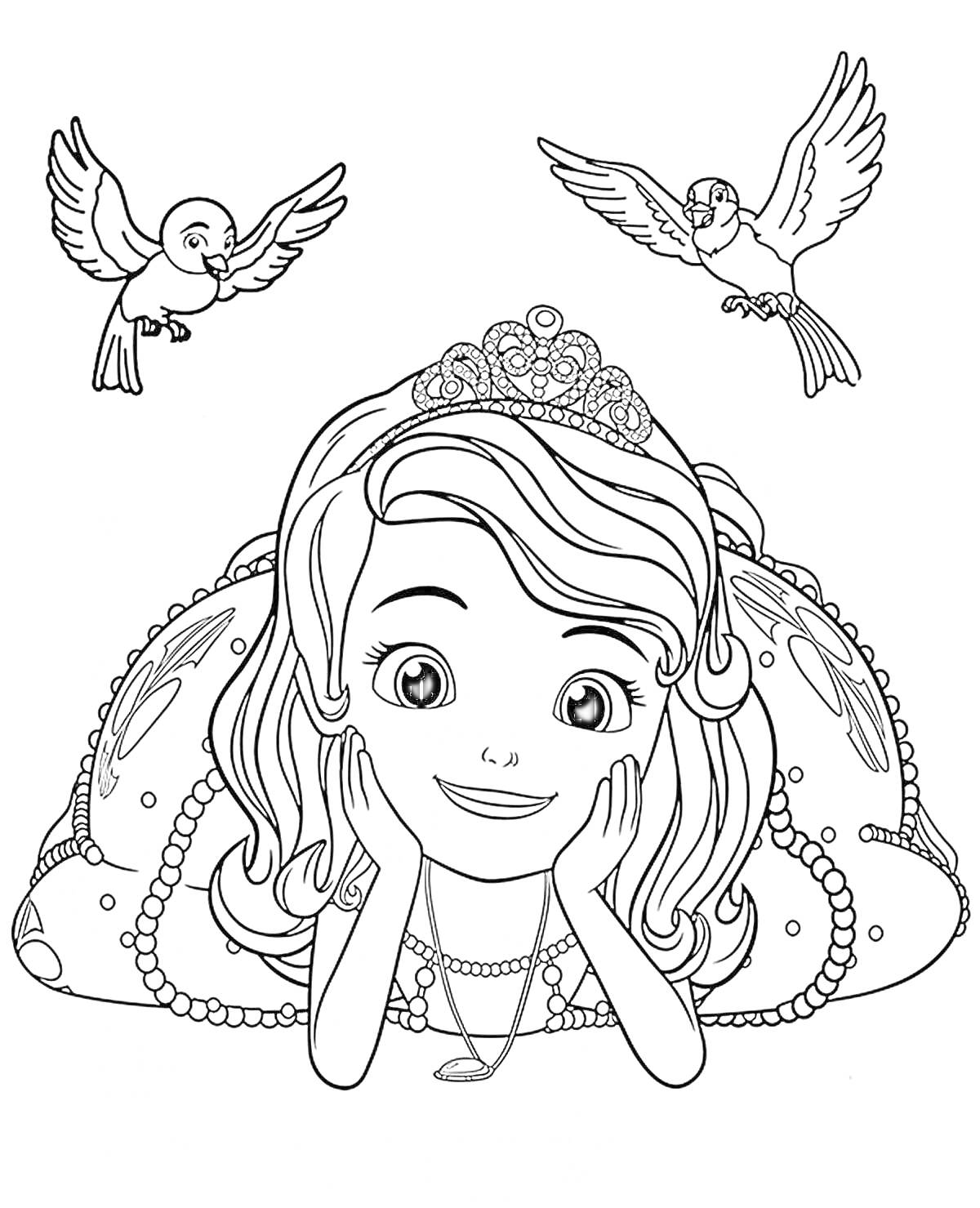 Раскраска София принцесса с птицами, лежит на подушке, украшенной драгоценностями