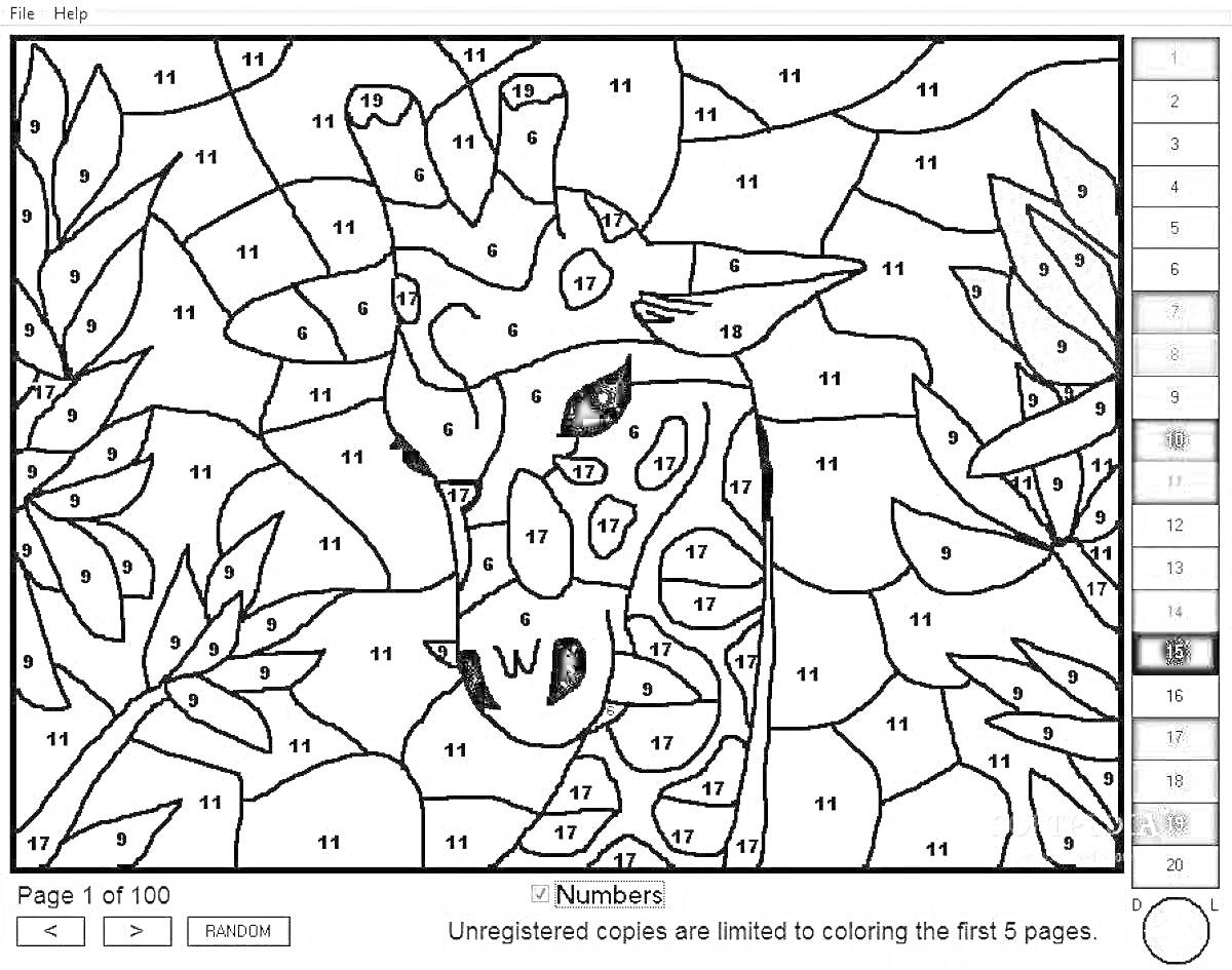 На раскраске изображено: Листья, Цветы, Природа, Узоры, Животные, Жирафы