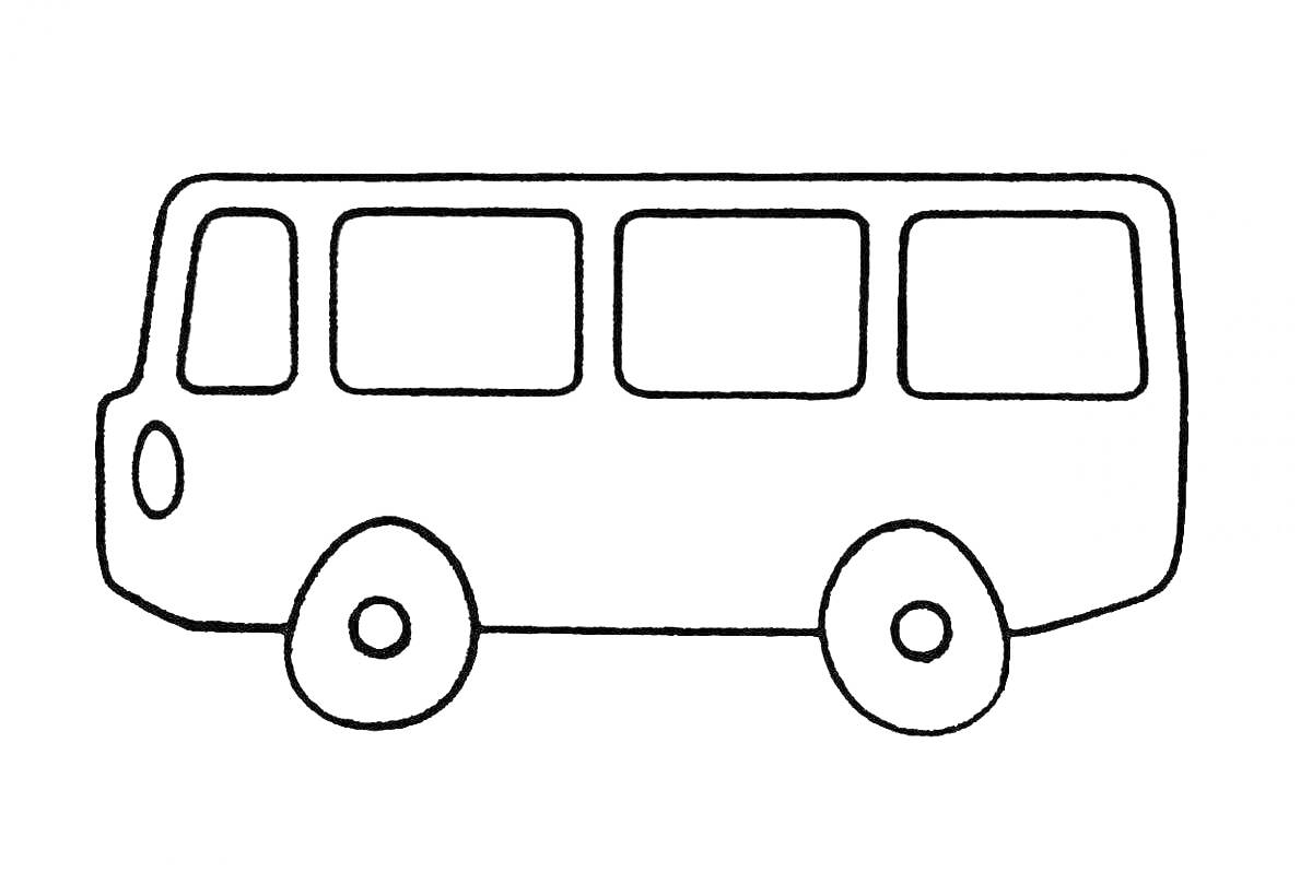 На раскраске изображено: Автобус, Транспорт, Колёса, Окна, Для детей, Младшая группа