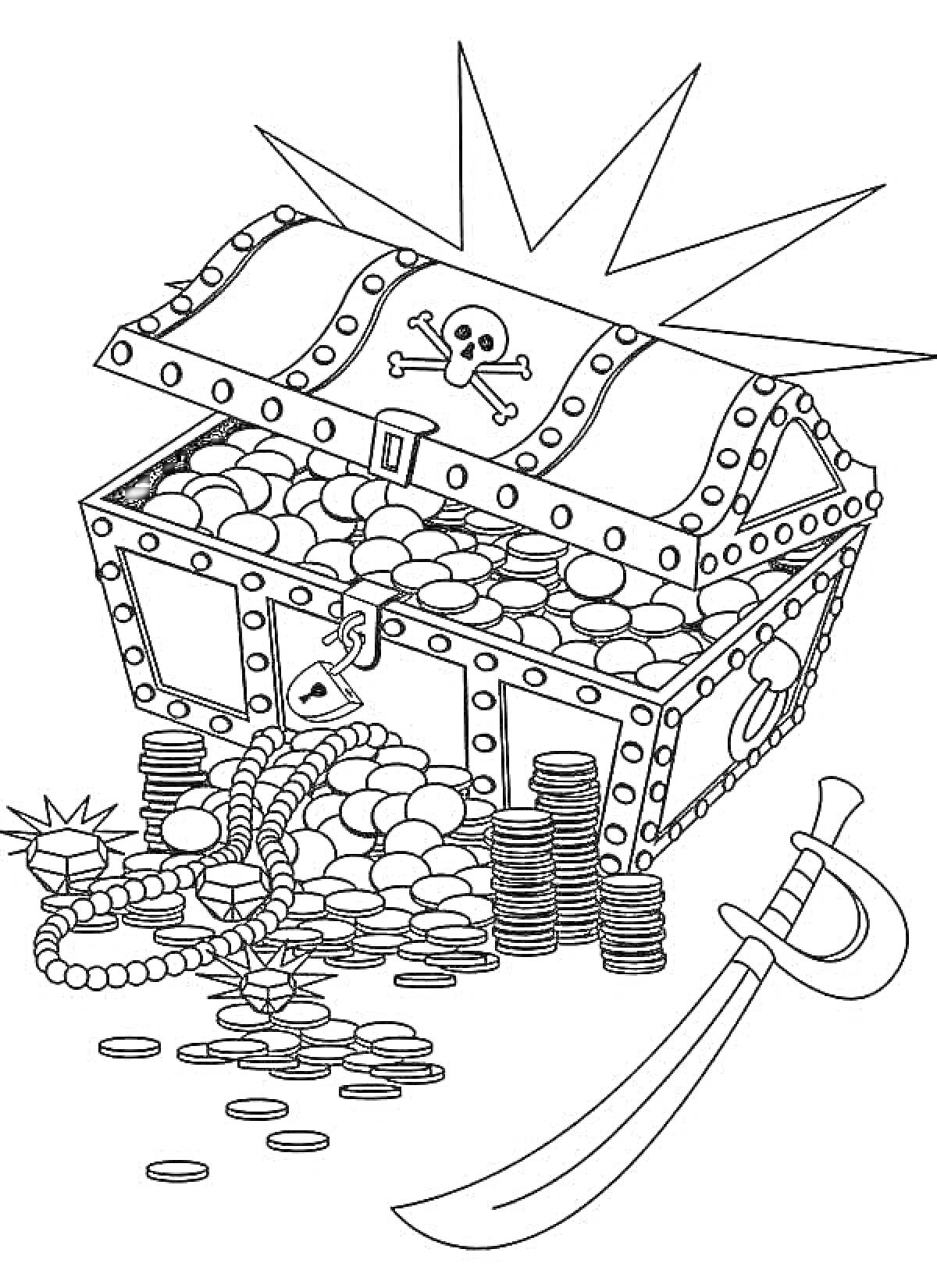 На раскраске изображено: Сокровища, Монеты, Ювелирные изделия, Меч, Череп, Драгоценности, Богатство