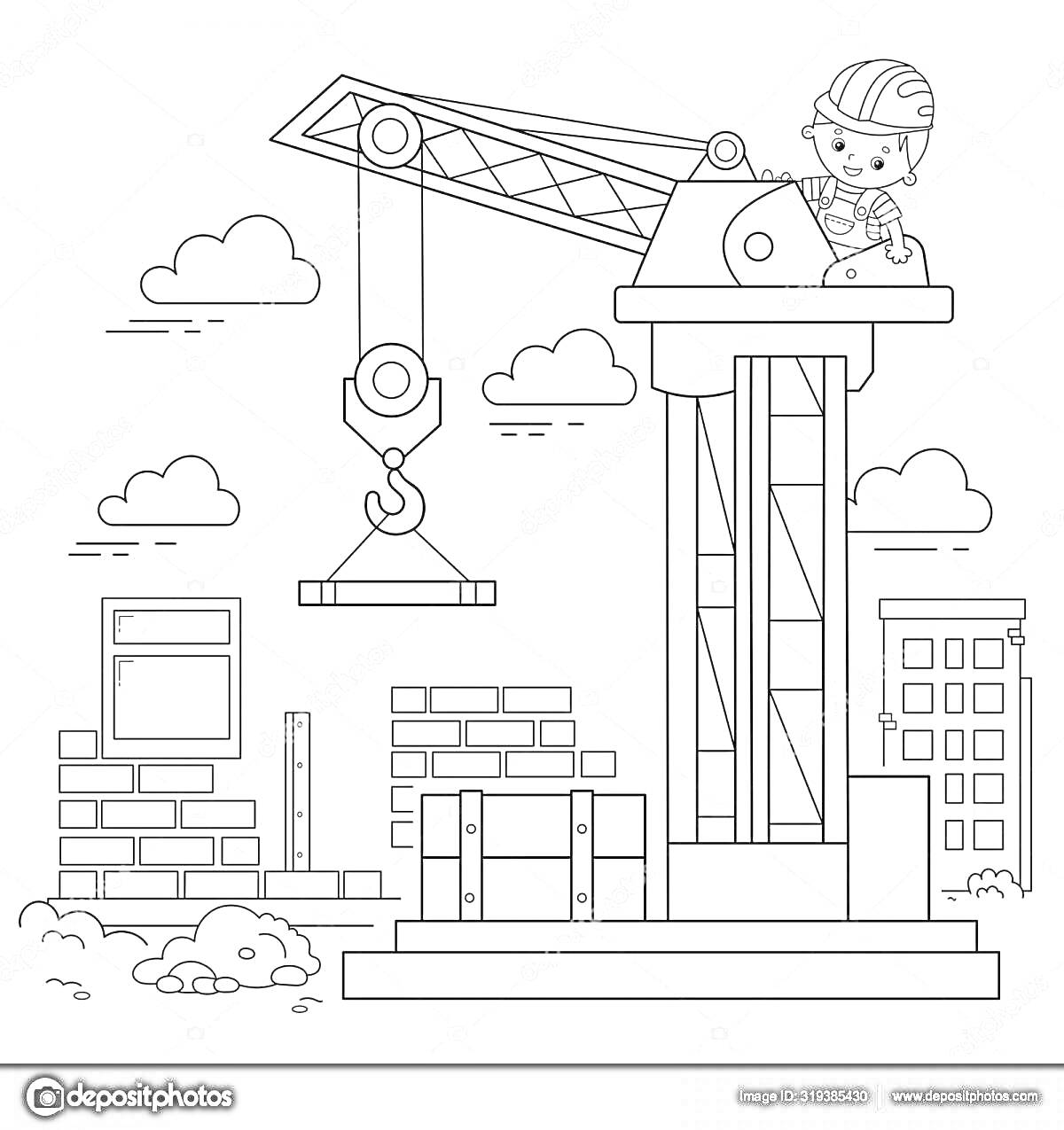 На раскраске изображено: Кран, Строительная площадка, Защитная каска, Кирпичная кладка, Строительные материалы, Здание, Облака