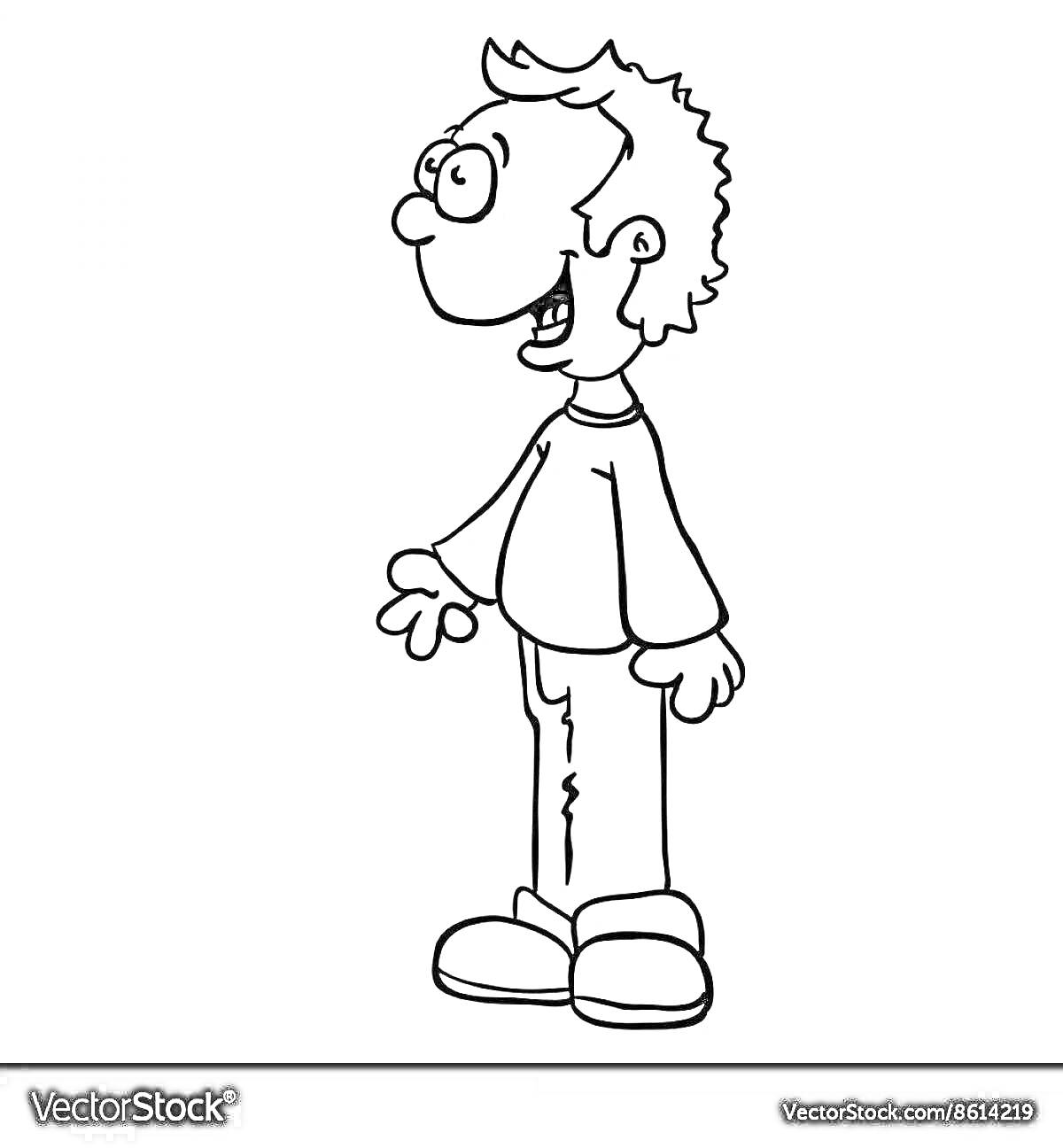 Раскраска Мальчик стоит в профиль, улыбается, в очках и свитере