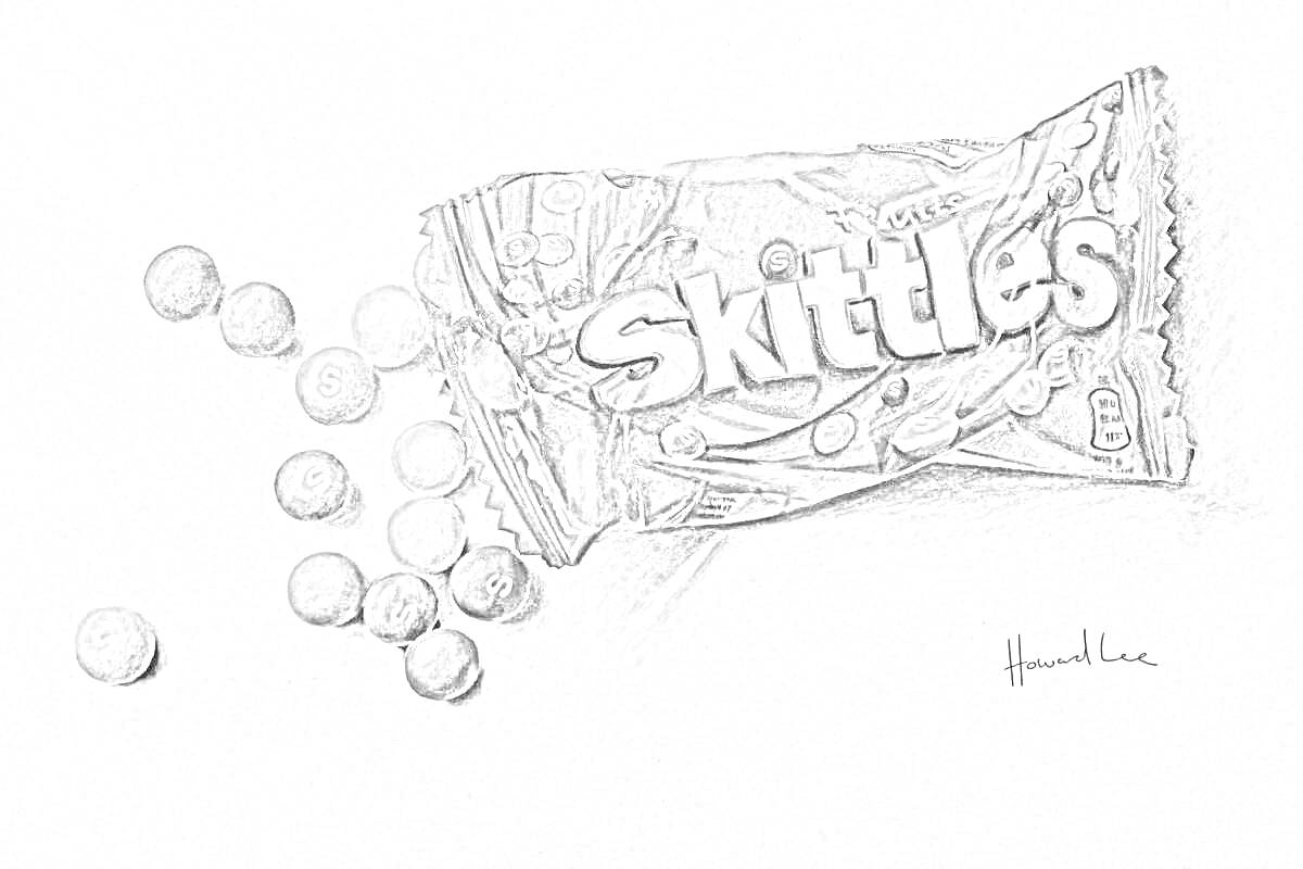 На раскраске изображено: Skittles, Конфеты, Закуски, Сладости