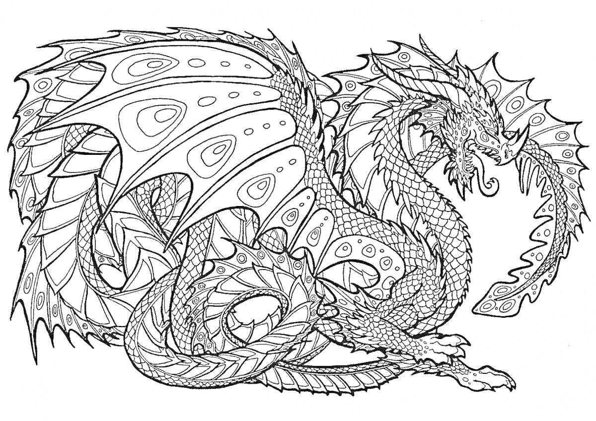 Раскраска Разукрашка фантастического дракона с узорчатыми крыльями, лапами с когтями и изогнутым хвостом
