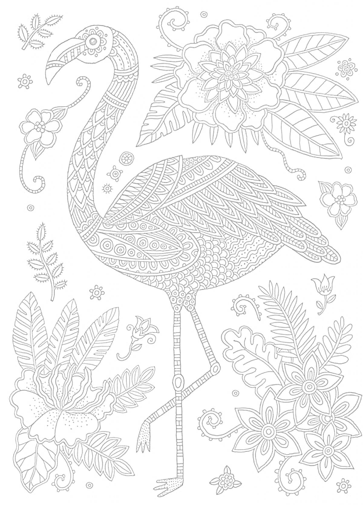 Раскраска Антистресс раскраска с фламинго, цветами, листьями и узорами