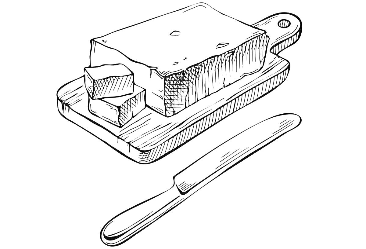 Раскраска Пласт сливочного масла с двумя кусками на деревянной доске и ножом