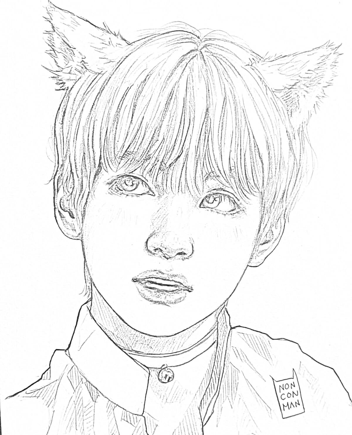 РаскраскаПортрет корейца с кошачьими ушами и воротником с колокольчиком