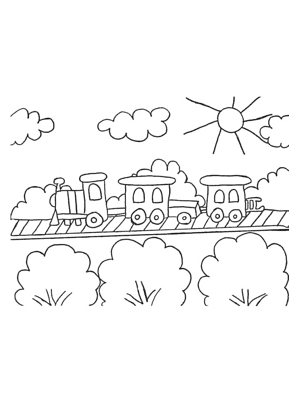 На раскраске изображено: Паровоз, Железная дорога, Вагоны, Солнце, Облака, Деревья, Природа