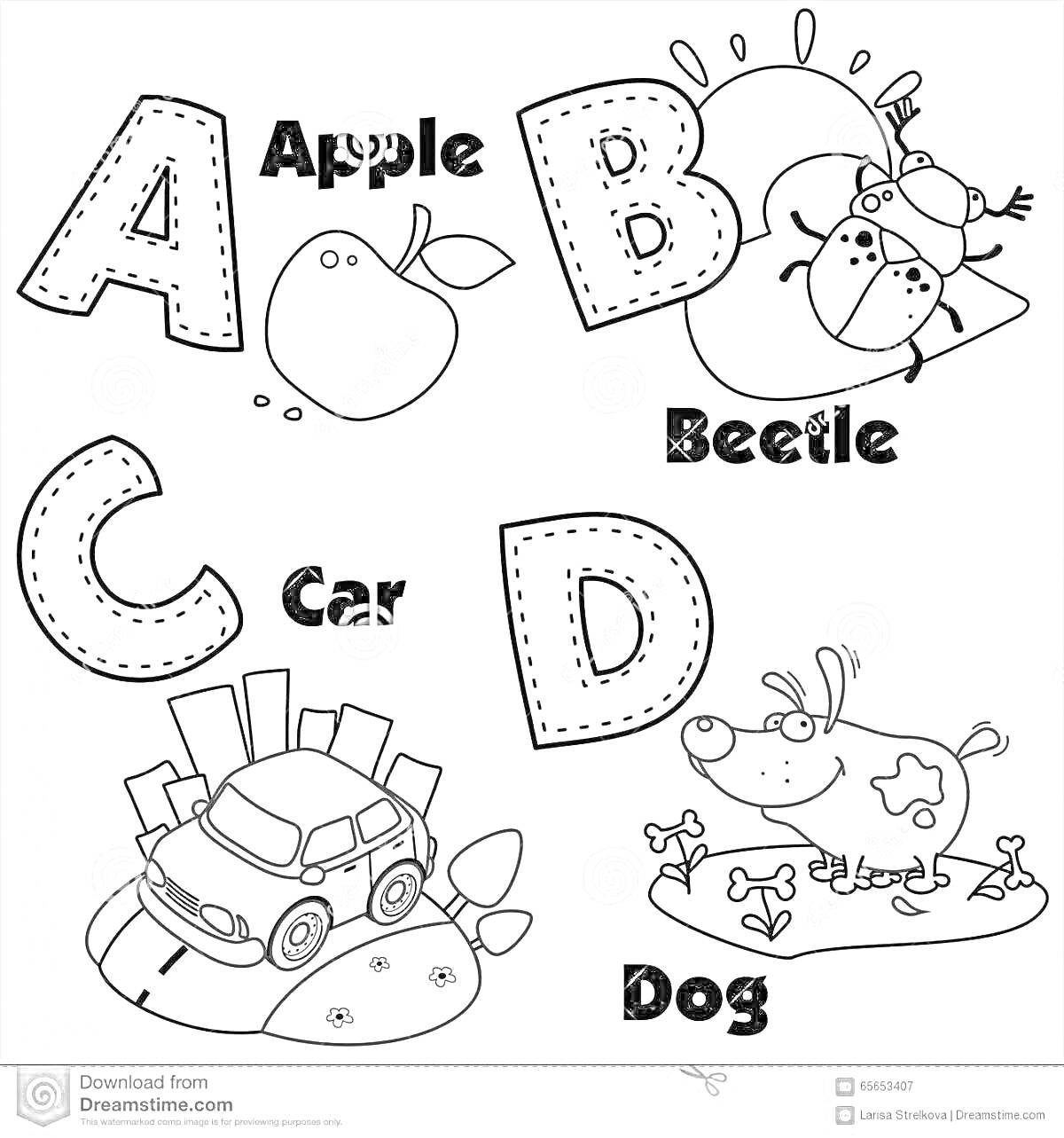 Раскраска Английский алфавит - буквы A, B, C, D с изображениями Apple, Beetle, Car, Dog